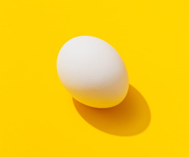 A white egg in front of a bright yellow background